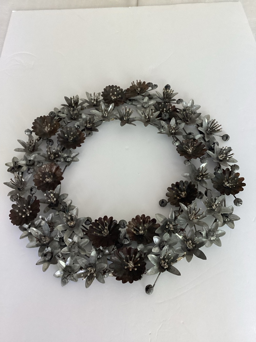 Vintage Metal Floral Wreath Wall DecorSilver & Bronze Tin Flowers Rustic Cottage